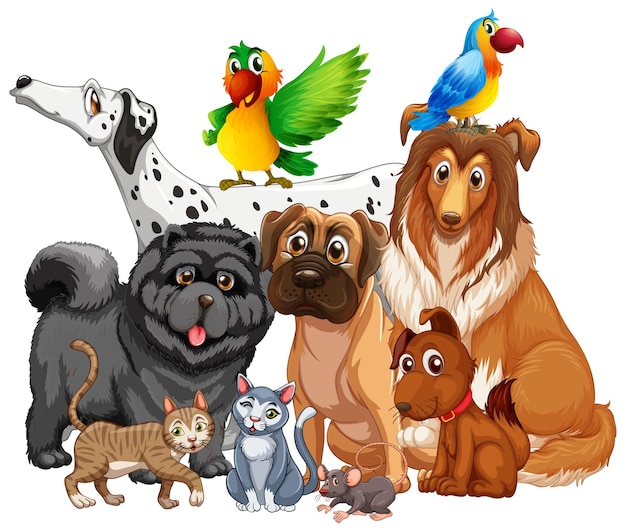 Groupe d'animaux de compagnie sur fond blanc