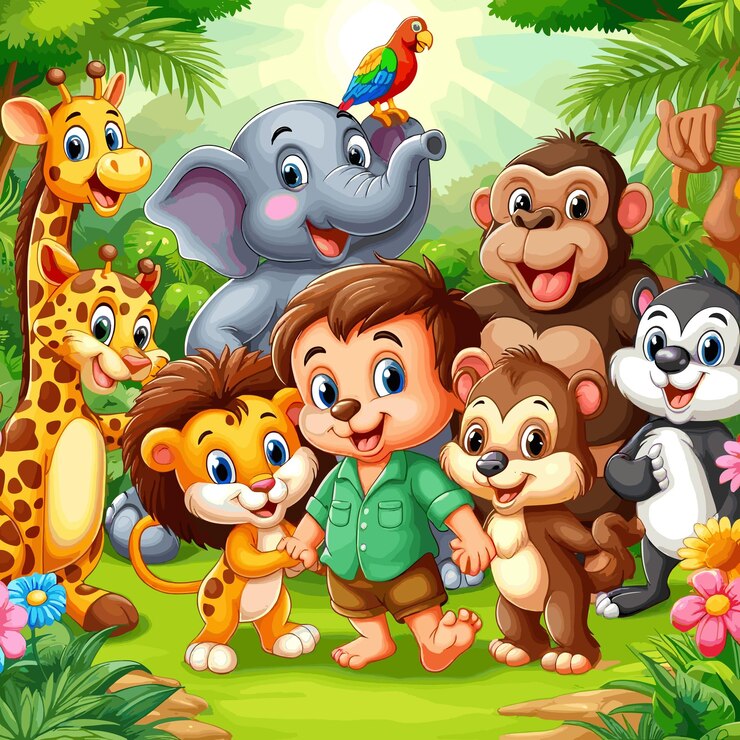 Vecteur groupe d'animaux heureux dessin animé dans la jungle illustration vectorielle colorée