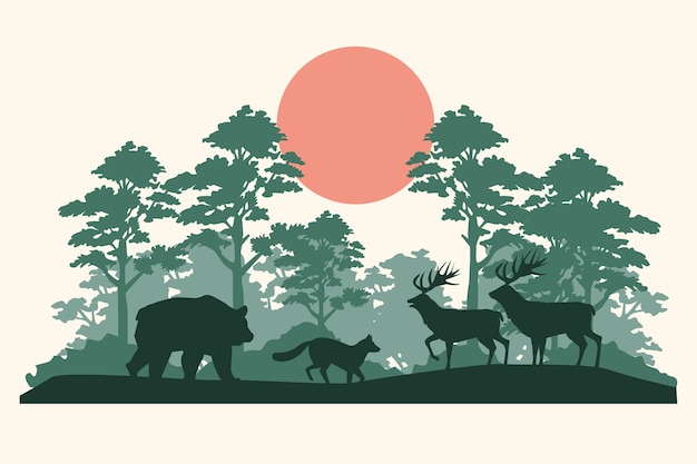 Vecteur groupe d'animaux silhouettes dans la jungle