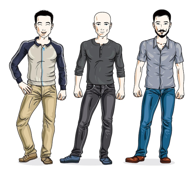 Vecteur groupe de beaux hommes debout portant des vêtements décontractés à la mode. ensemble vectoriel d'illustrations de belles personnes. personnages masculins de thème de style de vie.