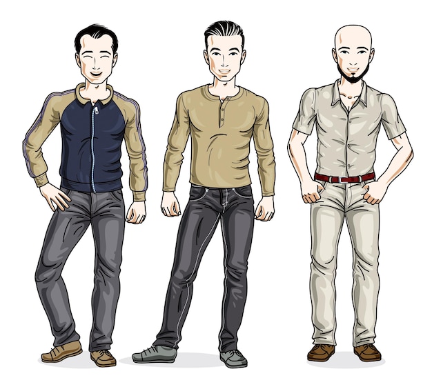 Groupe de beaux hommes debout portant des vêtements décontractés à la mode. Ensemble vectoriel d'illustrations de belles personnes.