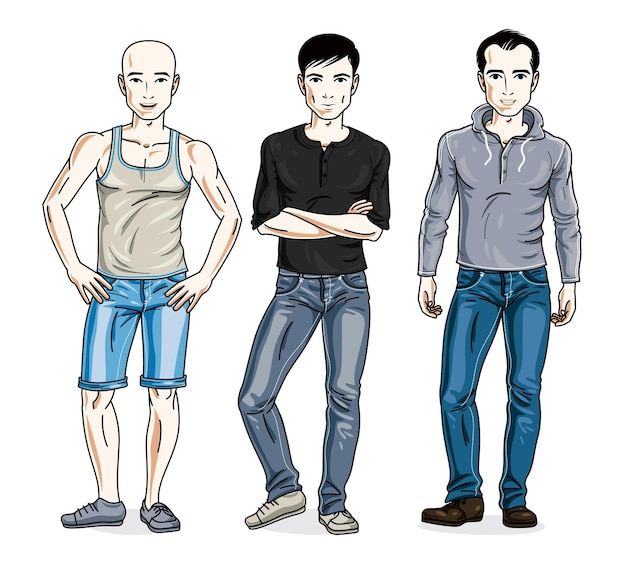 Vecteur groupe de beaux hommes debout portant des vêtements décontractés à la mode. ensemble vectoriel d'illustrations de belles personnes.