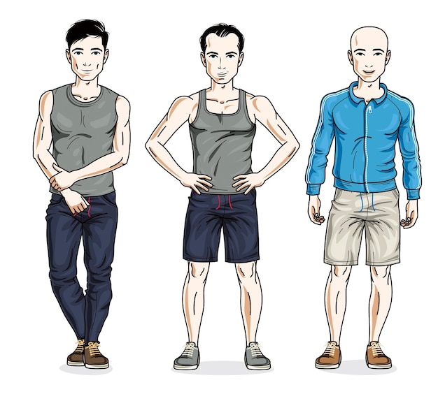 Vecteur groupe de beaux jeunes hommes debout dans des vêtements de sport élégants. ensemble de caractères vectoriels de personnes différentes.