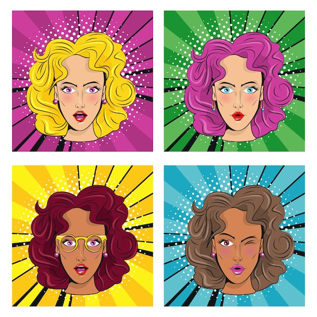 Vecteur groupe de belles filles avec des personnages de poils de couleurs style pop art.