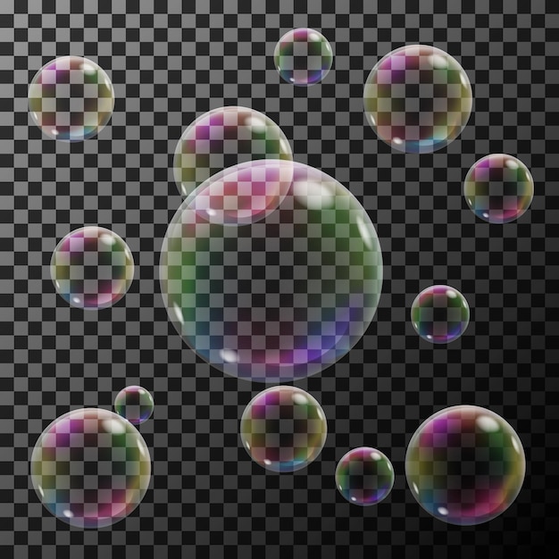Groupe de bulles de savon colorées transparentes sur fond sombre. Illustration vectorielle.