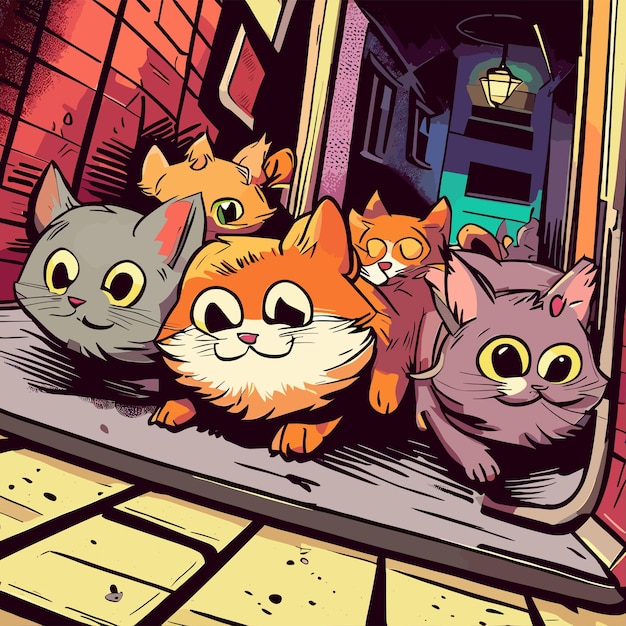 Vecteur un groupe de chats errant dans la rue illustration de style bande dessinée