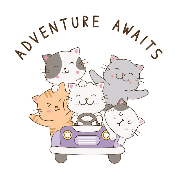 Groupe De Chats Mignons Conduisant Une Voiture Doodle Dessin Dessin Animé Illustration Aventure Attend