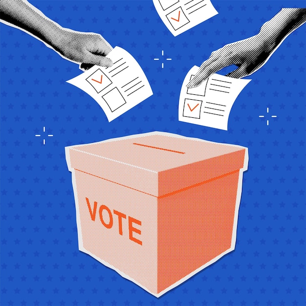 Groupe de collage à demi-ton de personnes mettant un vote en papier dans la boîte de vote concept d'élection