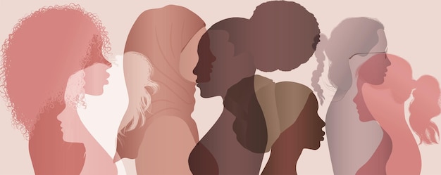 Vecteur groupe de communication de femmes et de filles de la diversité multiculturelle face à un profil de silhouette femme