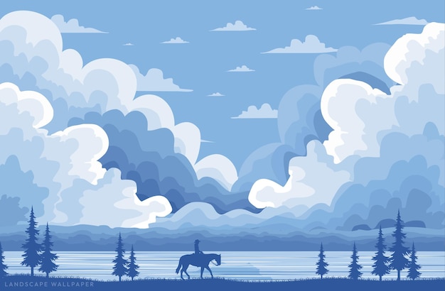 Groupe de cumulus à l'horizon et cheval avec humain sur fond de ciel bleu