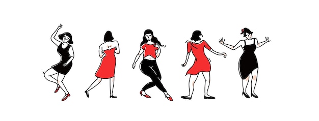 Groupe de danseuses et de femmes en robes de soirée. Lady solo dance au club, personnages féminins s'amusant. Illustration vectorielle contour noir et rouge isolée sur fond blanc.