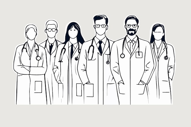 Groupe de dessin de médecins masculins et féminins discutant et diagnostiquant les maladies des patients réunion médicale