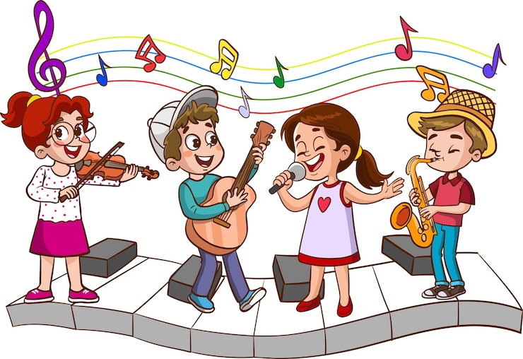 Vecteur groupe de dessins animés d'enfants chantant et dansant dans la chorale de l'école