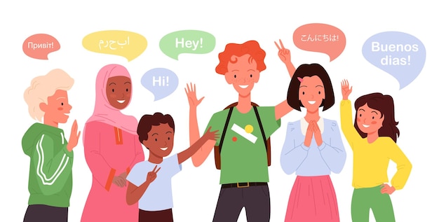 Groupe de dessins animés de personnages multiculturels multiethniques fille garçon enfant debout étudiants mignons agitant h