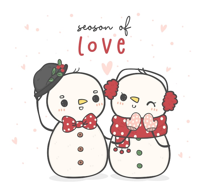 Vecteur groupe de deux mignon bonhomme de neige heureux et fille de neige en écharpe d'hiver et chapeau saison de dessin animé doodle amour