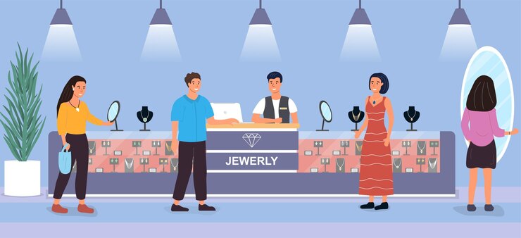 Vecteur un groupe divers de clients regardant des bijoux en vente dans un magasin avec un assistant derrière le comptoir