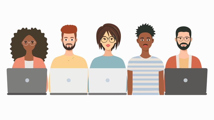 Vecteur un groupe divers de personnes travaillant sur un ordinateur portable avec des personnages avatar