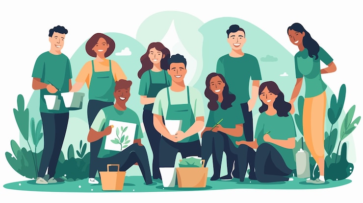Vecteur un groupe diversifié de bénévoles s'entraident lors d'un événement de service communautaire