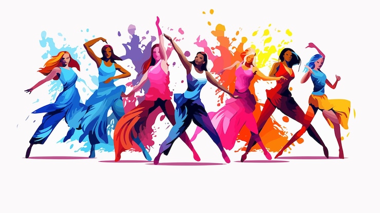 Vecteur un groupe diversifié de danseurs exécutant divers styles de danse