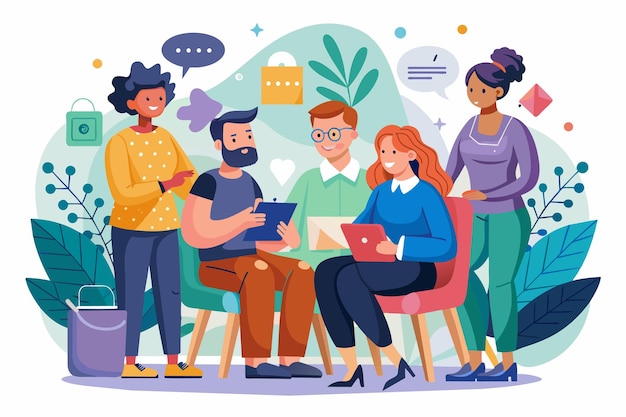 Un groupe diversifié d'individus engagés dans une discussion alors qu'ils sont assis autour d'une table Thérapie de groupe Illustration disproportionnée personnalisable