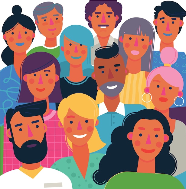 Groupe diversifié multiculturel de personnes avec différentes coiffures et couleurs de cheveux se tenant ensemble. Illustration vectorielle de dessin animé plat