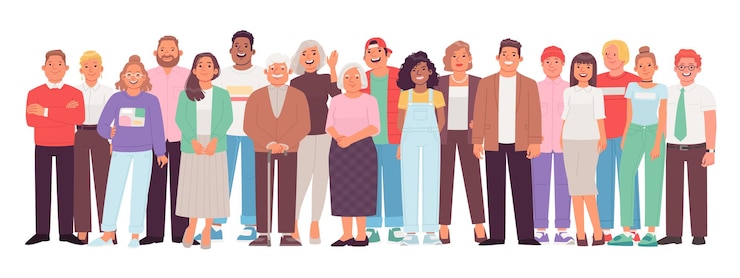 Vecteur groupe diversifié et multiculturel de personnes sur fond blanc. une foule de personnages joyeux, jeunes, adultes et plus âgés, hommes et femmes. illustration vectorielle dans un style plat