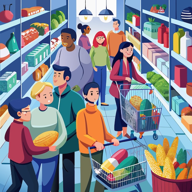 Un groupe diversifié de personnes faisant leurs courses dans une allée d'un supermarché