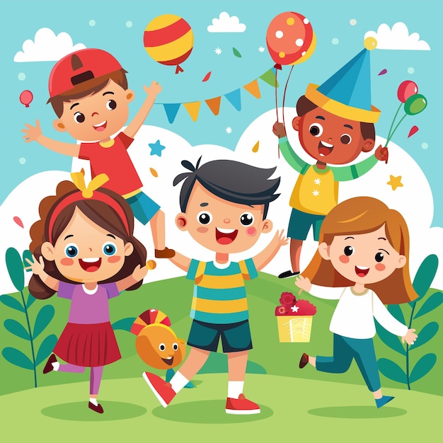 un groupe d'enfants avec des ballons et un ballon avec une boîte à cadeaux en arrière-plan
