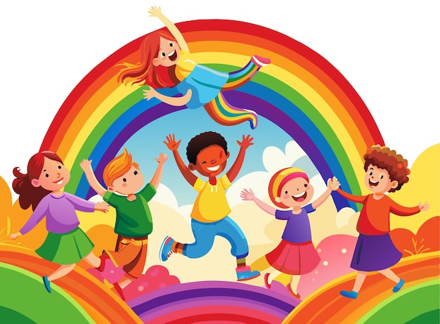 Un groupe d'enfants célébrant la fête de la Journée mondiale de l'enfance illustration vectorielle à couleurs plates