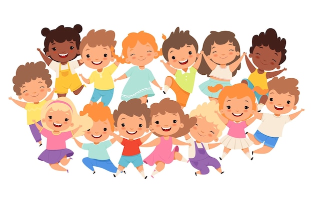 Groupe d'enfants drôles, visages heureux, expressions positives, enfants multiculturels, amusants, souriants, amis, portrait, illustration vectorielle isolée