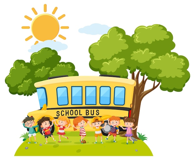 Groupe D'enfants Heureux Et Autobus Scolaire