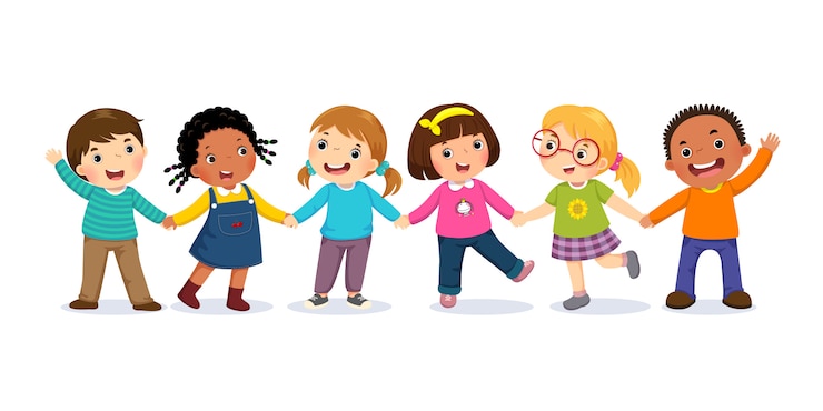 Vecteur groupe d'enfants heureux, main dans la main. concept d'amitié