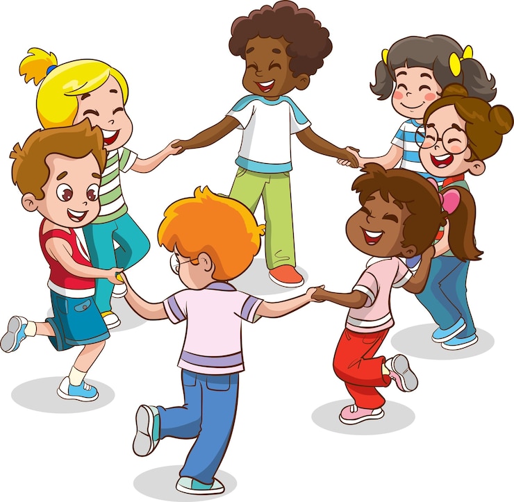 Vecteur un groupe d'enfants mignons et heureux, garçons et filles, se tenant par la main et dansant en cercle, s'amusant.