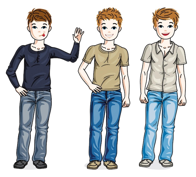 Vecteur groupe d'enfants mignons de jeunes garçons adolescents debout portant des vêtements décontractés à la mode. ensemble vectoriel d'illustrations de beaux enfants.