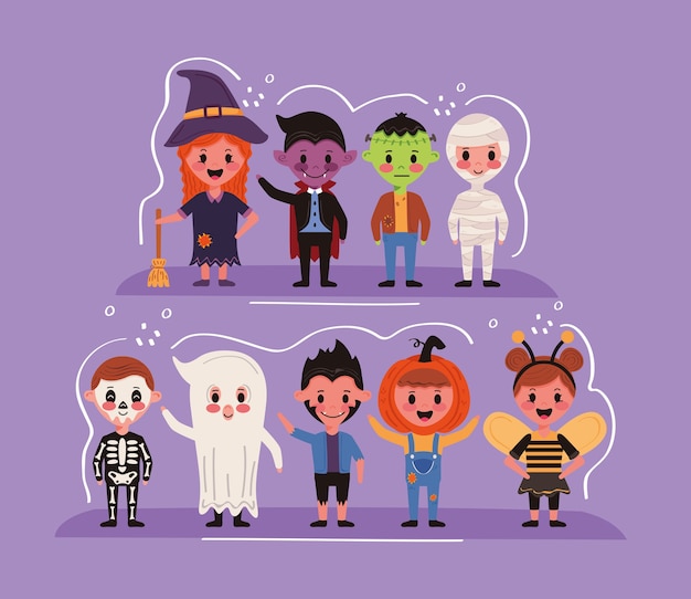 Vecteur groupe d'enfants avec des personnages de costumes d'halloween