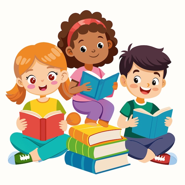 Vecteur un groupe d'enfants qui lisent des livres avec un qui lit un livre intitulé 