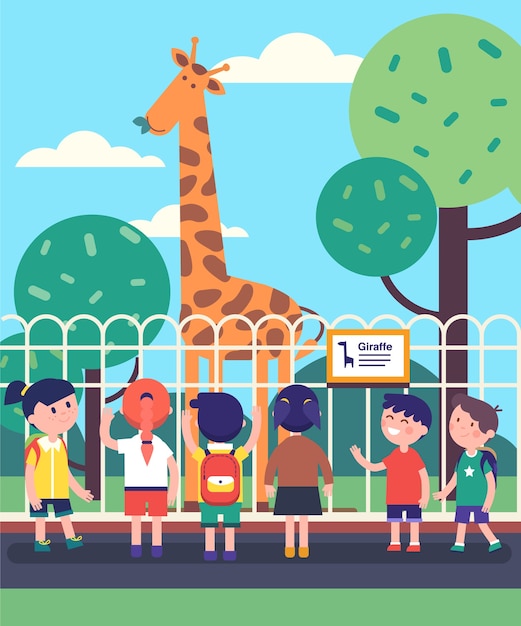 Groupe, Enfants, Regarder, Girafe, Excursion, Zoo