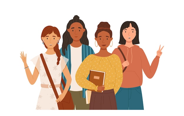 Groupe d'étudiantes multiculturelles illustration vectorielle plane Jeunes filles tenant des livres et des sacs dans des vêtements décontractés