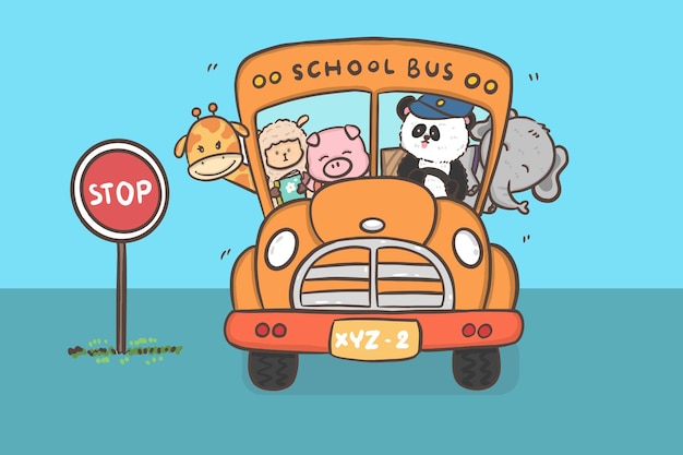 Groupe D'étudiants Animaux Girafe Cochon Panda éléphant Et Mouton Dans Le Bus Retour à L'école