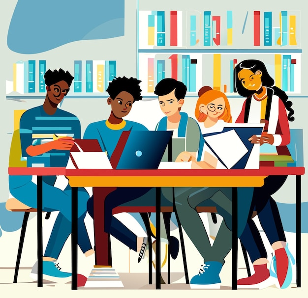 Vecteur un groupe d'étudiants étudie ensemble dans une bibliothèque moderne