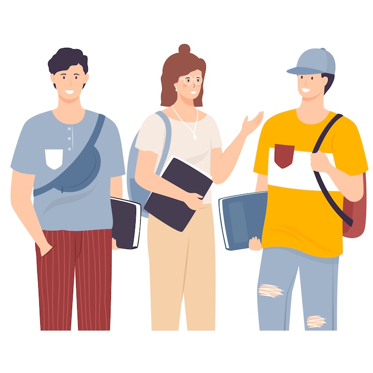 Vecteur groupe d'étudiants multiculturels illustration vectorielle plane. jeunes filles et garçons tenant des livres et des personnages isolés d'ordinateur portable. adolescent heureux dans des vêtements décontractés. mode de vie des jeunes.