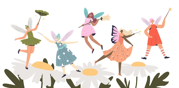 Groupe De Fées Mignonnes De Dessin Animé Survolant Les Fleurs De Camomille. Adorable Elfe De Lutin Féminin Avec Des Ailes Et Des Baguettes Magiques. Concept De Fiction Et De Mythologie. Illustration Vectorielle Plane