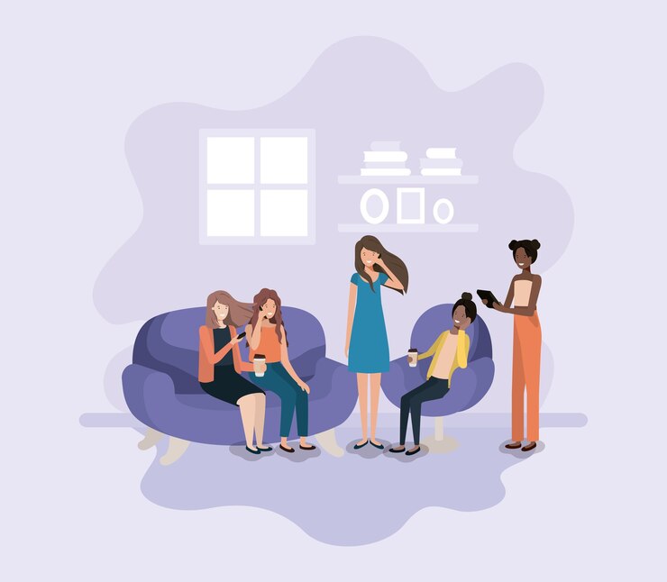 Vecteur groupe de femmes dans le salon utilisant la technologie