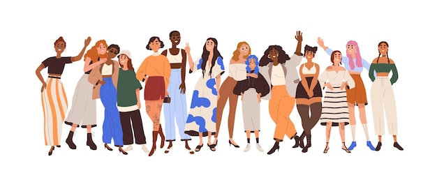 Vecteur groupe de femmes diverses et heureuses avec différentes couleurs de peau, types de silhouette, taille et race. concept de positivité corporelle et de beauté dans la diversité. illustration vectorielle plane isolée sur fond blanc.