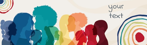 Vecteur groupe de femmes et de filles de la diversité multiculturelle face au profil de la silhouette femme d'affaires bannière