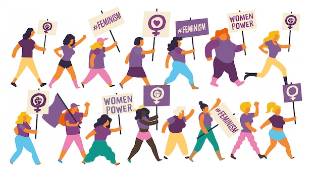 Vecteur groupe de femmes marchant sur une manifestation pour la journée internationale de la femme. femmes féministes portant des drapeaux et des pancartes violets avec des messages féministes et d'autonomisation.