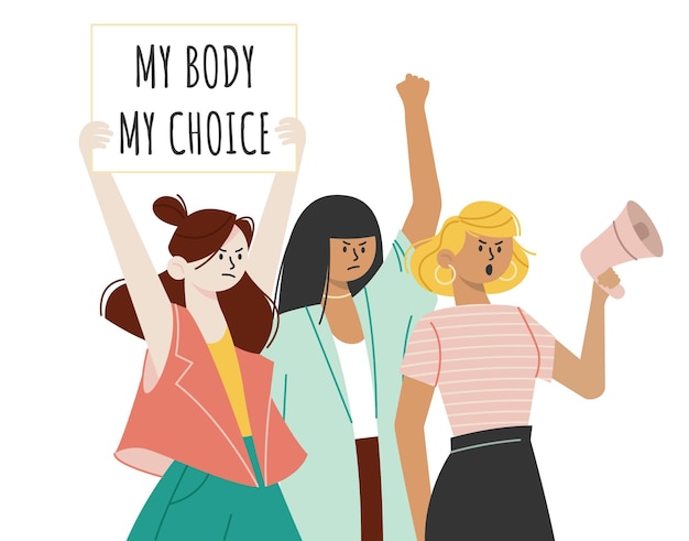 Vecteur groupe de femmes militantes protestant et faisant valoir leurs droits tenant une pancarte my body my choice et un mégaphone marche féminine pour le droit à l'avortement manifestation de rassemblement