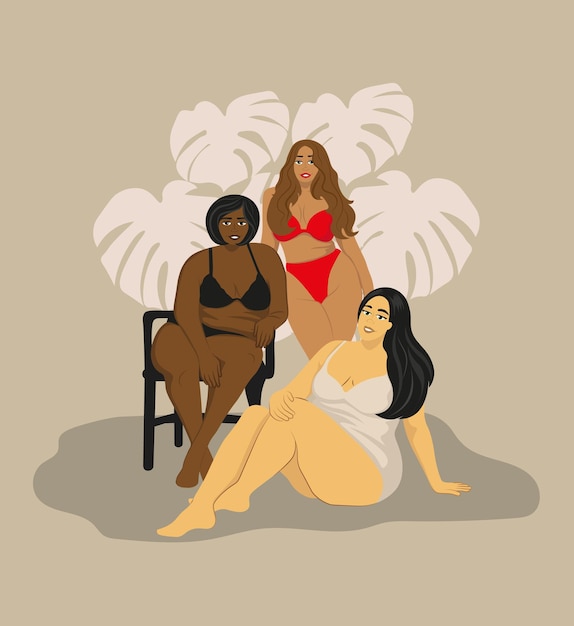 Vecteur groupe de femmes de nationalités différentes en sous-vêtements acceptation positive du corps et diversité ethnique de la beauté heureux modèles de filles dodues en studio photo sur fond beige illustration vectorielle plane