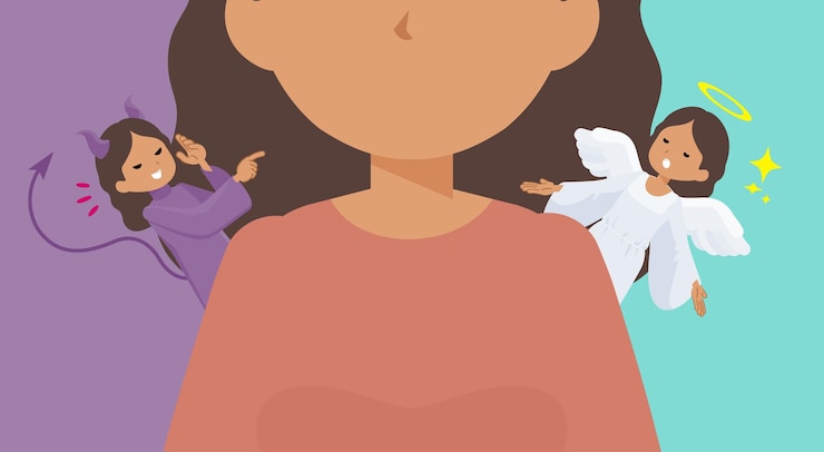 Vecteur un groupe de femmes à la peau bronzée luttant entre un ange et un diable.