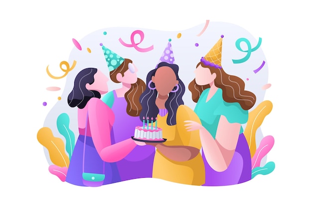 Groupe de fille heureuse célébrant la fête d'anniversaire avec illustration de gâteau